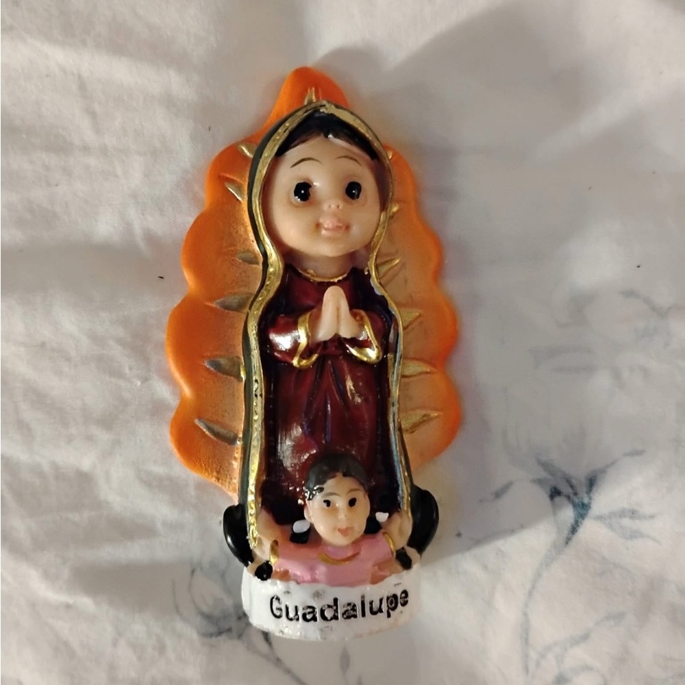 Orange and Gold Kawaii Guadalupe Figurine with Mandorla